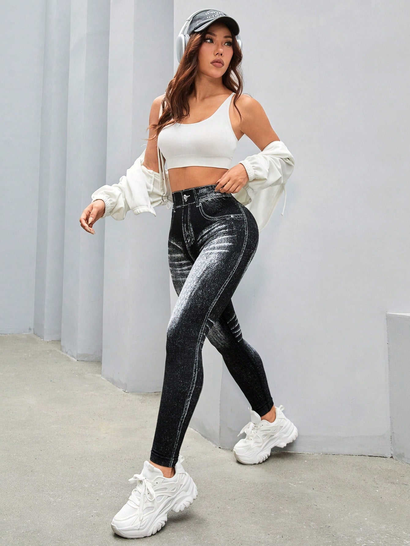 Calça Legging Fashion Estilo Jeans Lavagem Estonada