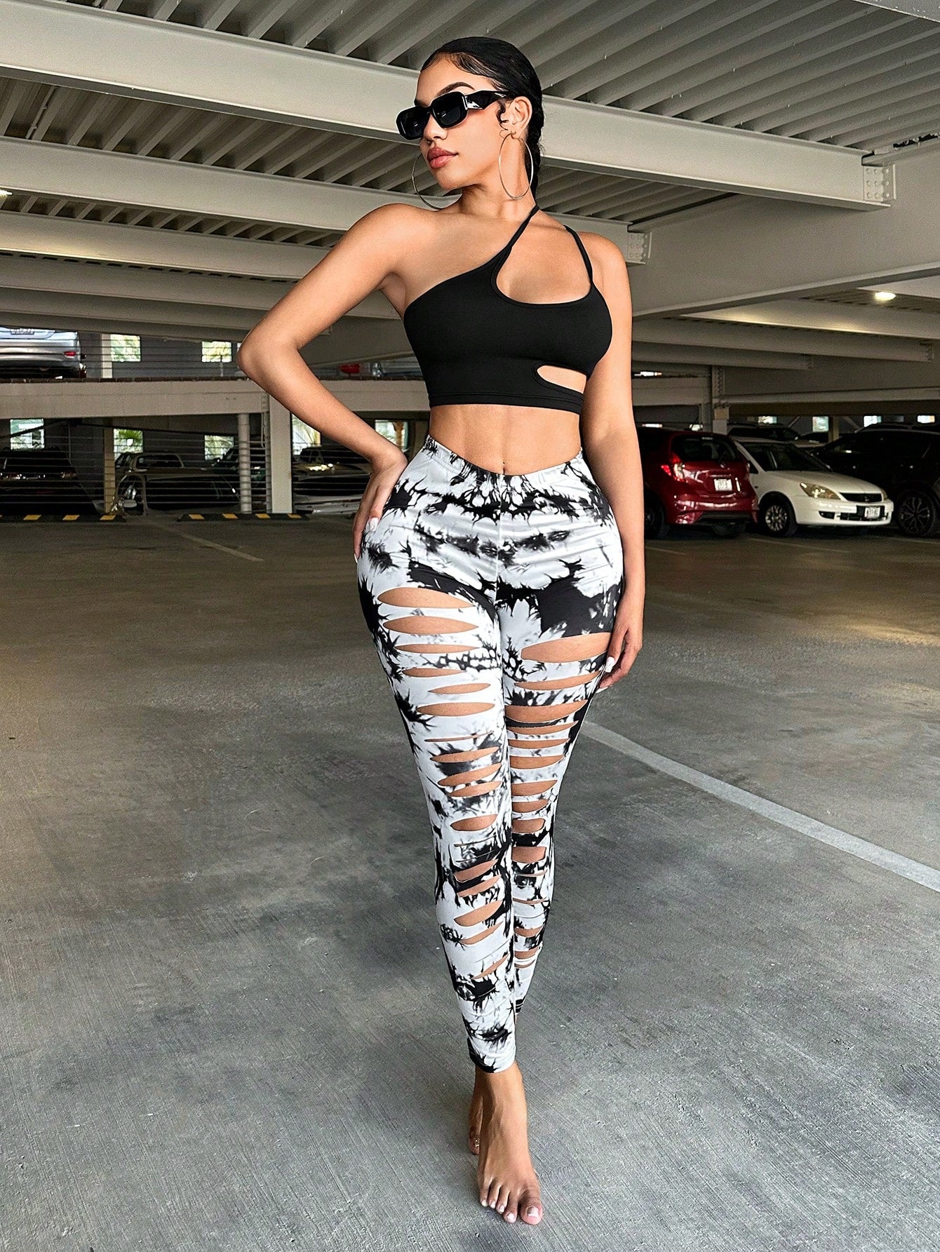 Calça Legging Fashion Tie Dye Rasgada Estilo Street