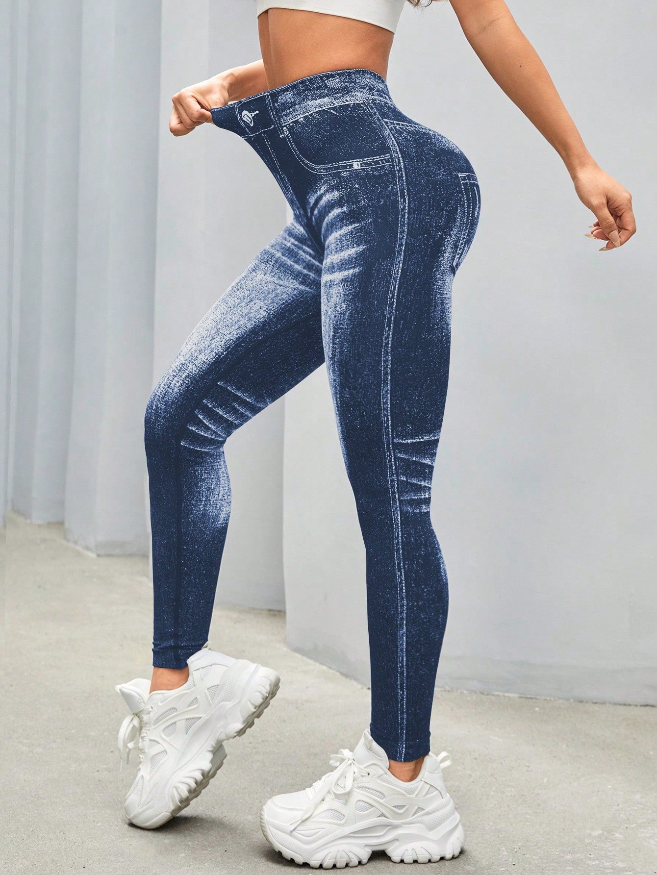 Calça Legging Fashion Estilo Jeans Lavagem Estonada