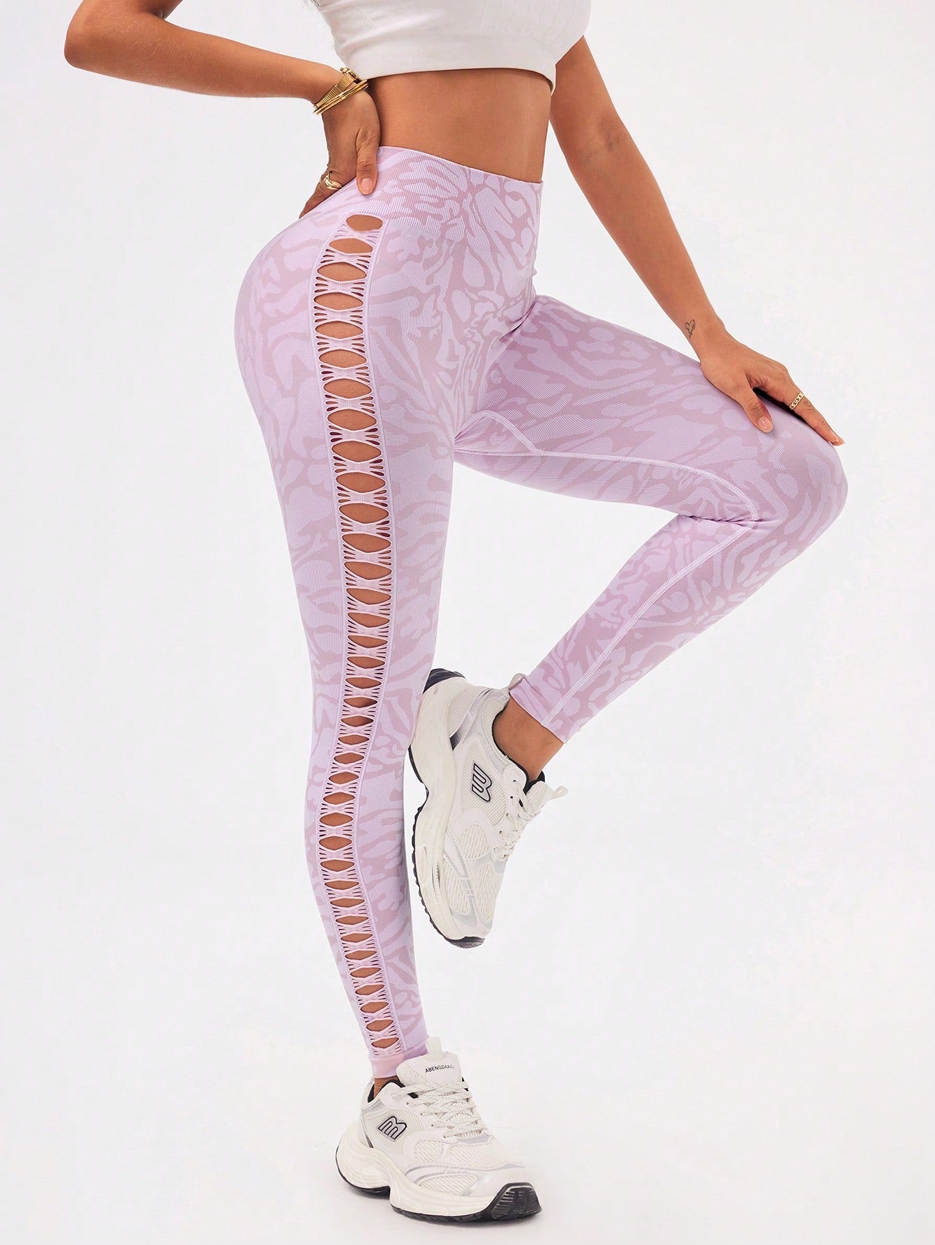 Calça Legging Estampada Sem Costura Com Recortes Laterais