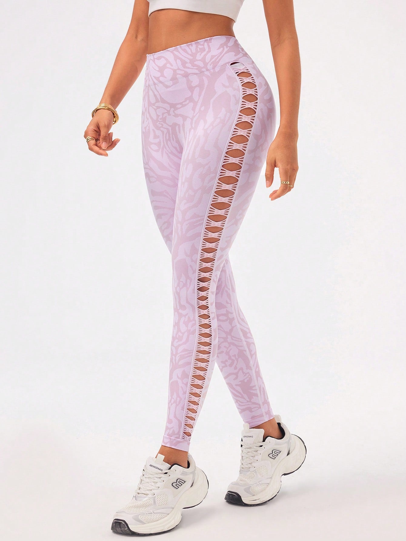 Calça Legging Estampada Sem Costura Com Recortes Laterais