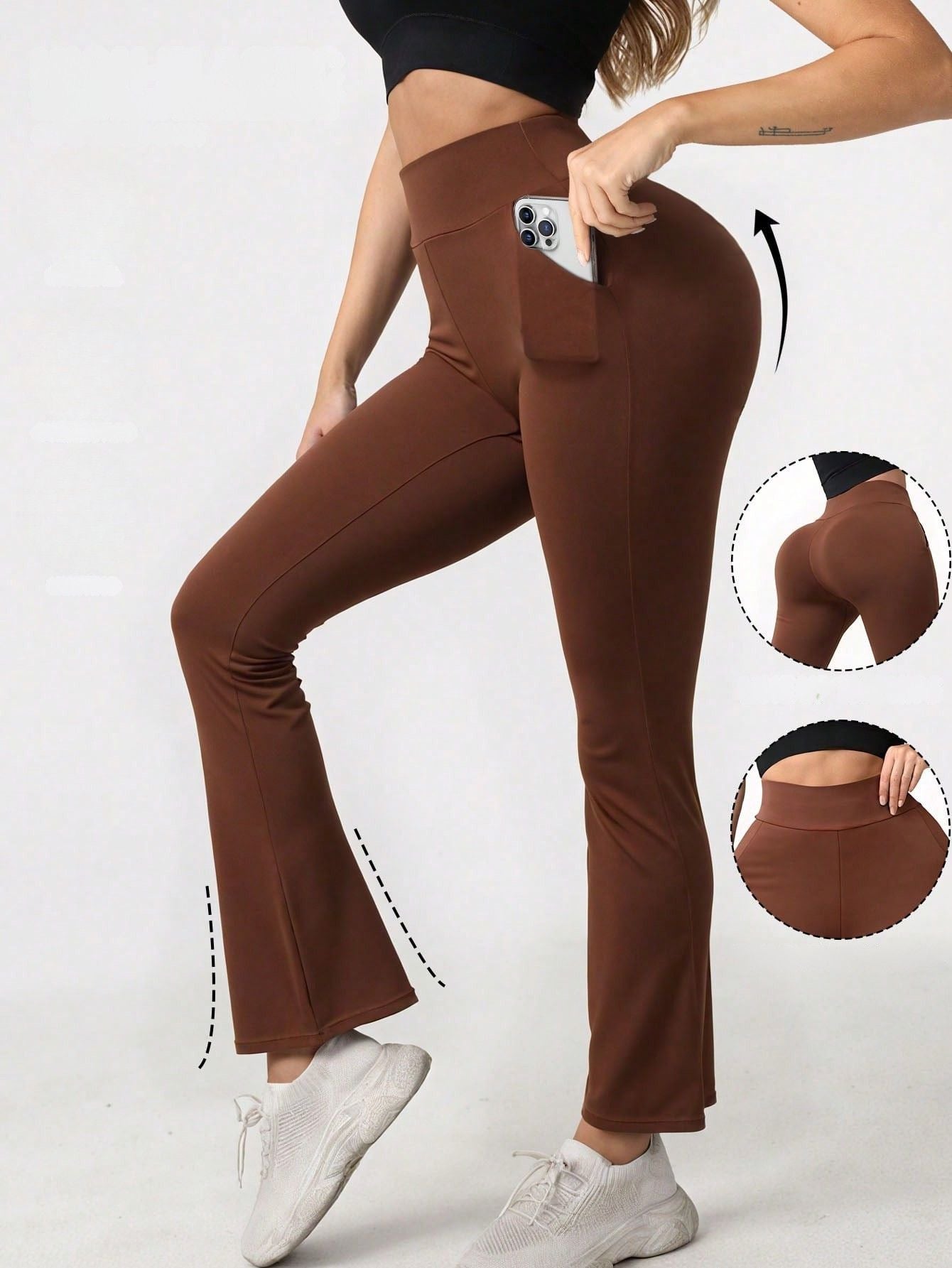 Calça Legging Flare Cintura Alta Com Bolsos Laterais