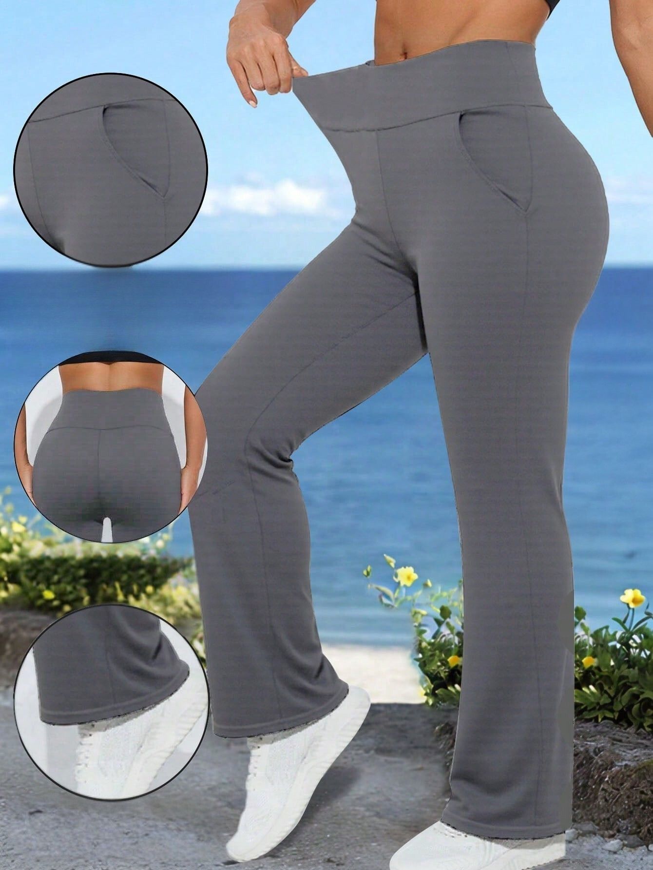 Calça Legging Flare Cintura Alta Com Bolsos Laterais