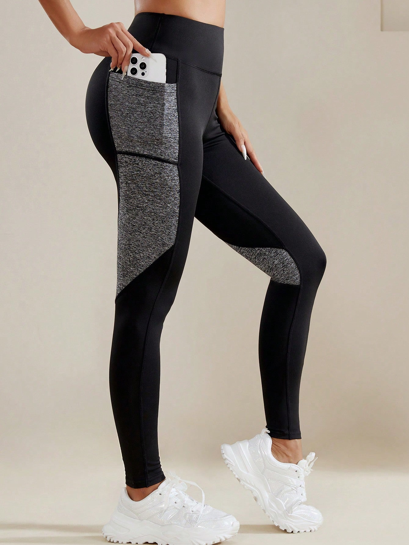 Calça Legging Bicolor Cintura Alta Com Bolsos Laterais