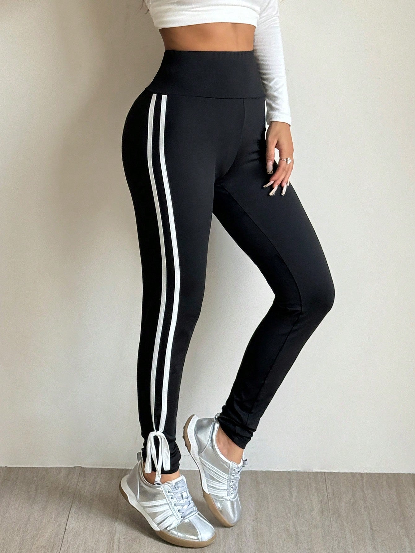 Calça Legging Bicolor Cintura Alta Com Amarração