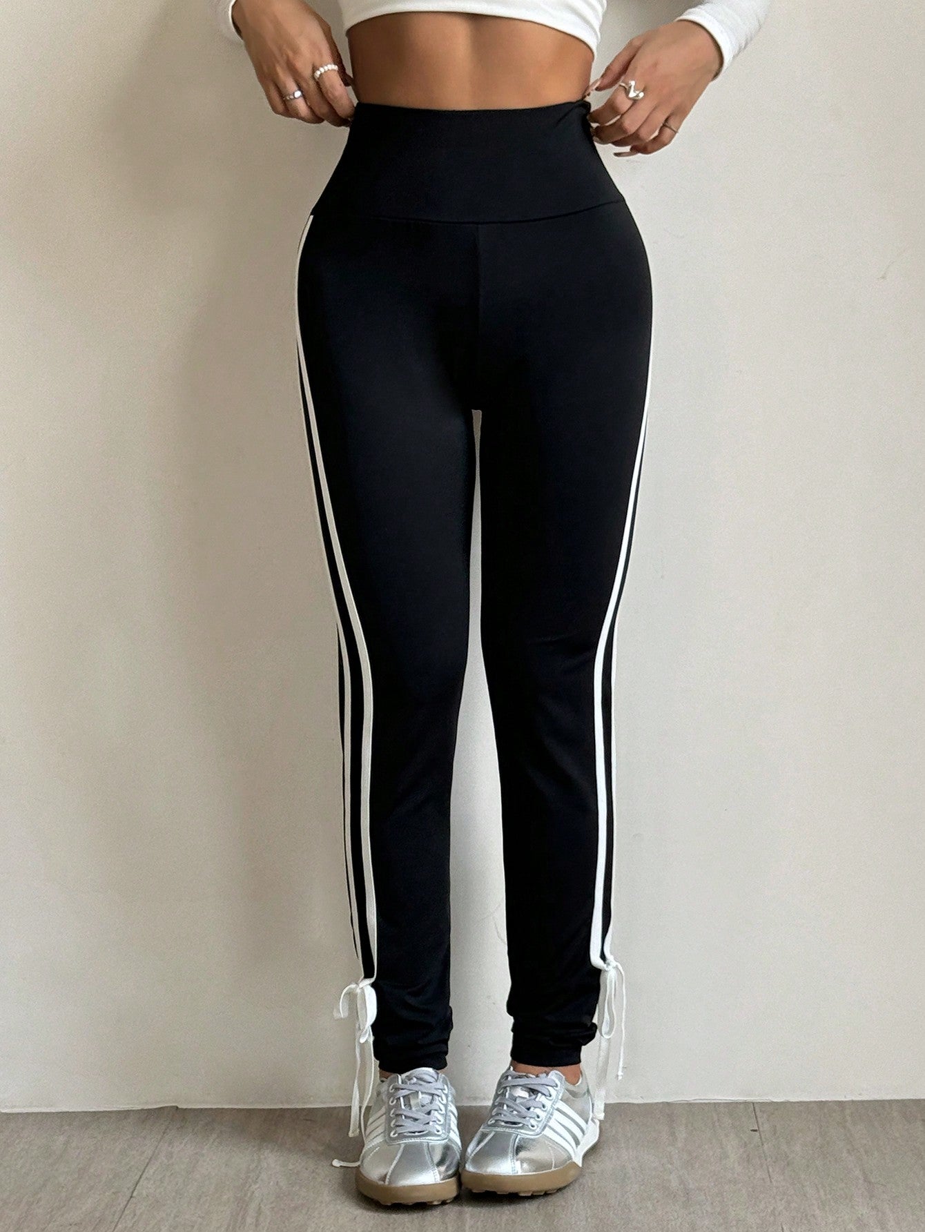 Calça Legging Bicolor Cintura Alta Com Amarração