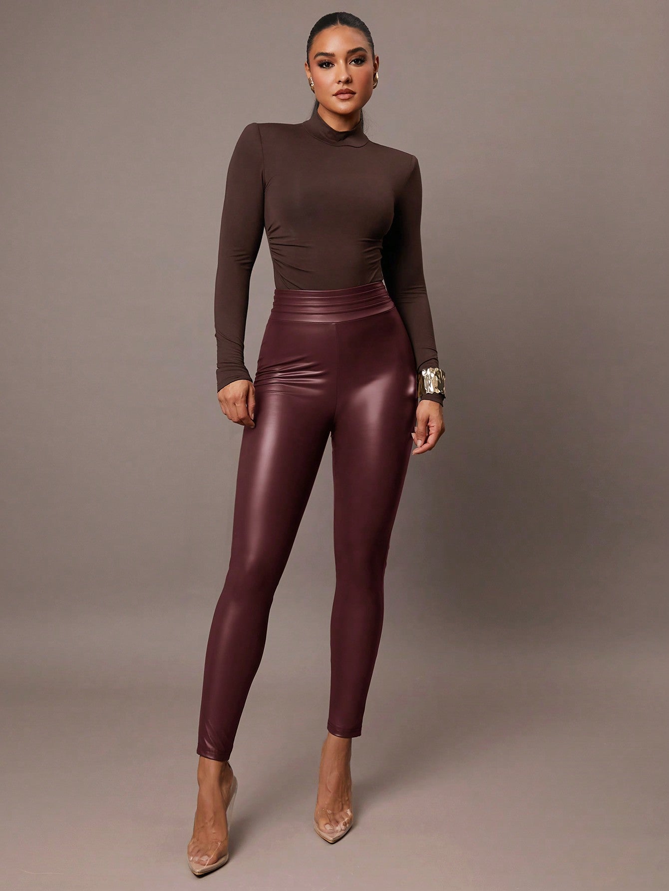Calça Legging Estilo Couro Fake Cintura Alta Fashion
