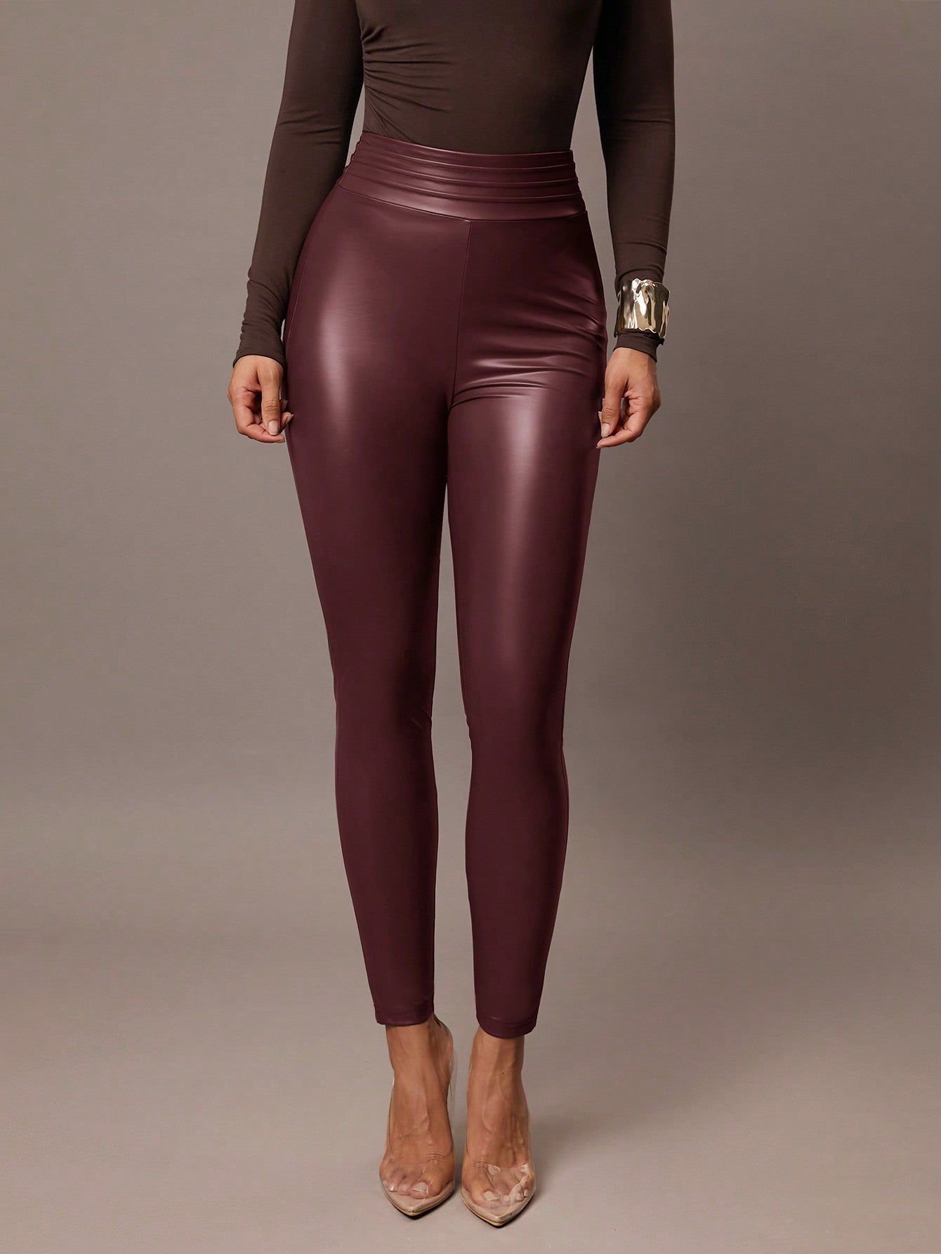 Calça Legging Estilo Couro Fake Cintura Alta Fashion