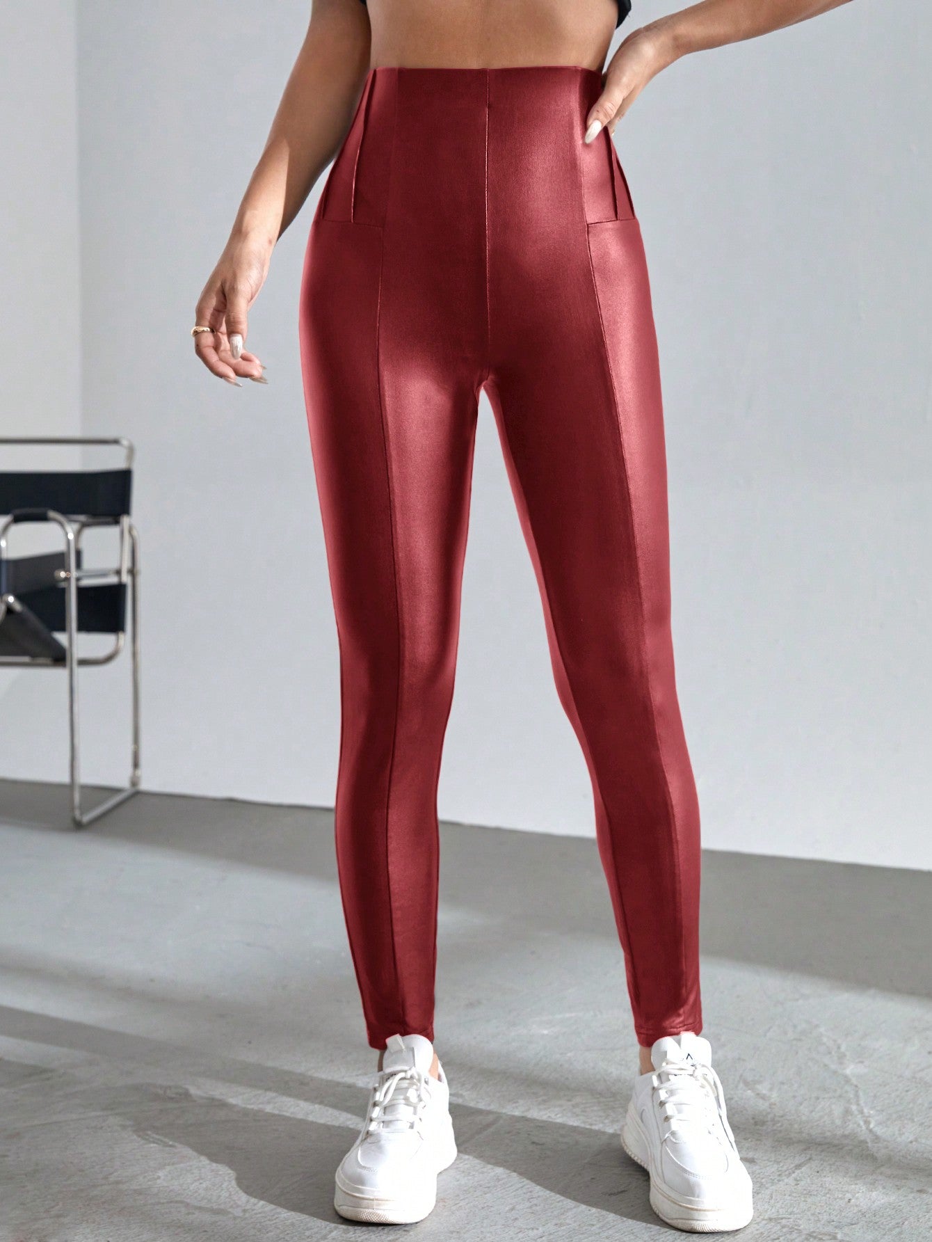 Calça Legging Estilo Couro Fake Cintura Alta Elegante