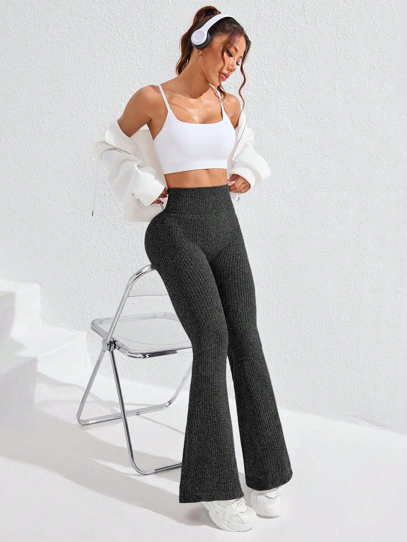 Calça Legging Flare Feminina Canelada Cintura Alta Sem Costura