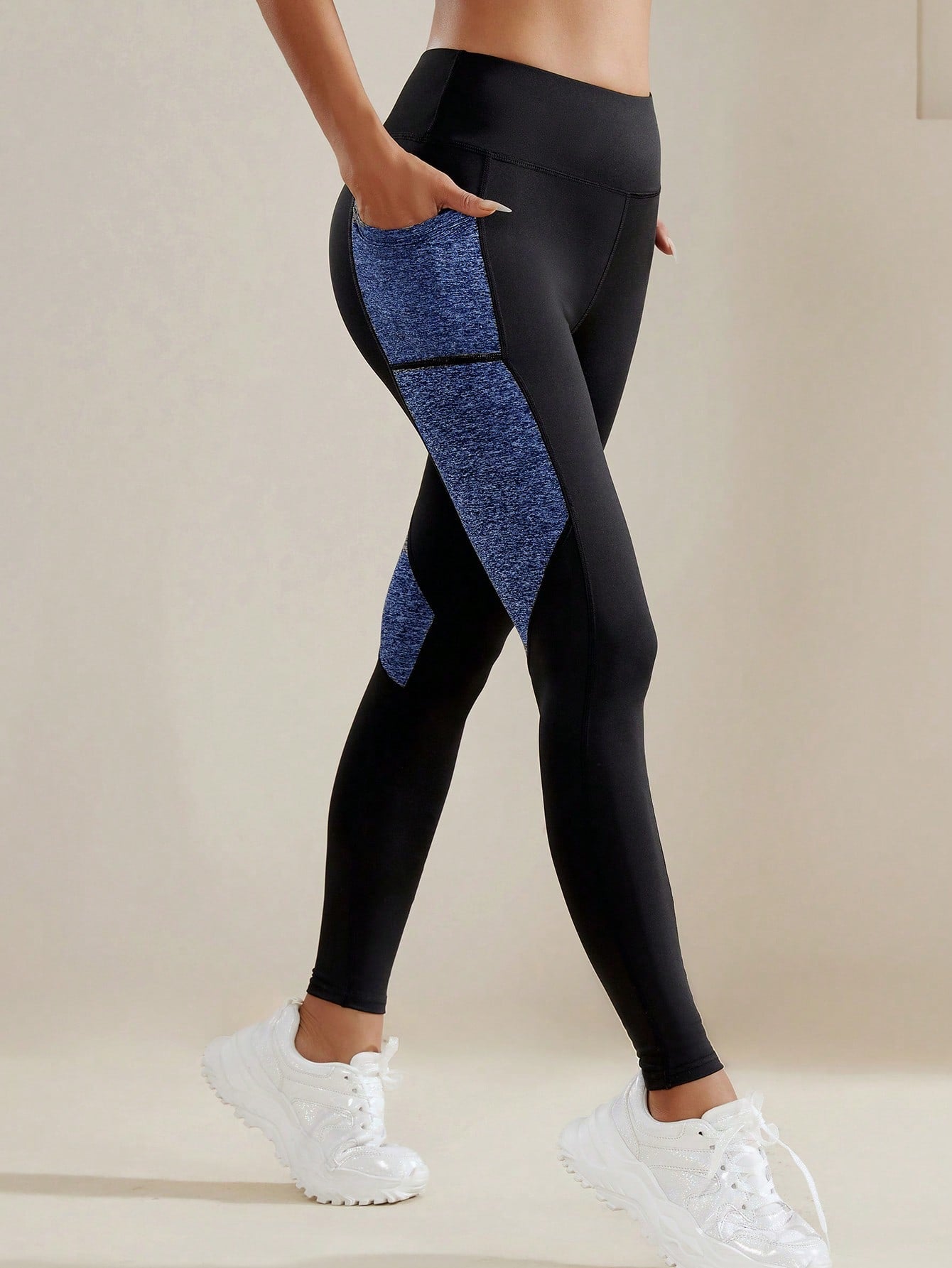 Calça Legging Bicolor Cintura Alta Com Bolsos Laterais