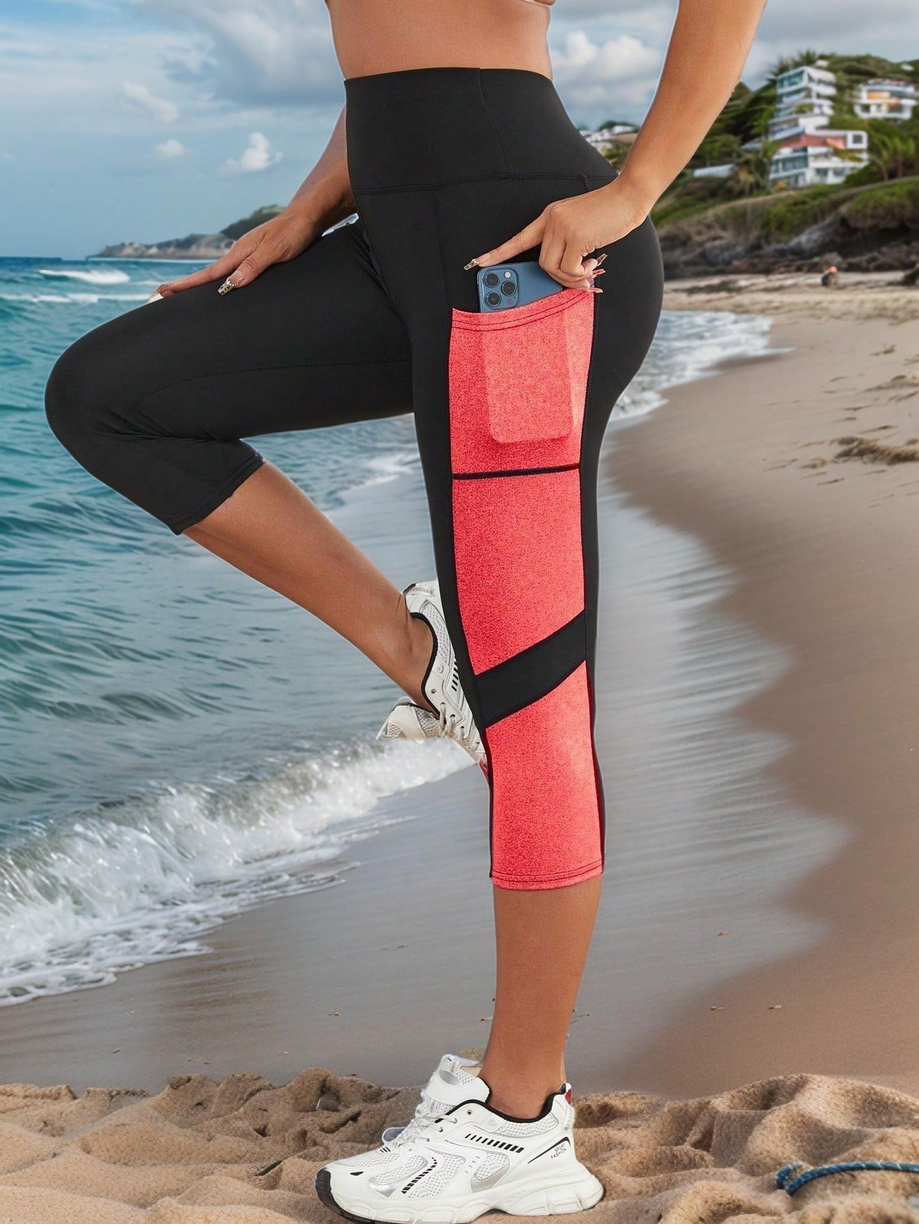 Calça Legging Capri Bicolor Cintura Alta Com Bolso Funcional
