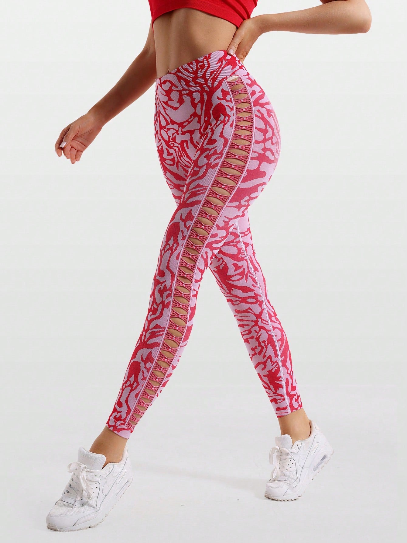 Calça Legging Estampada Sem Costura Com Recortes Laterais