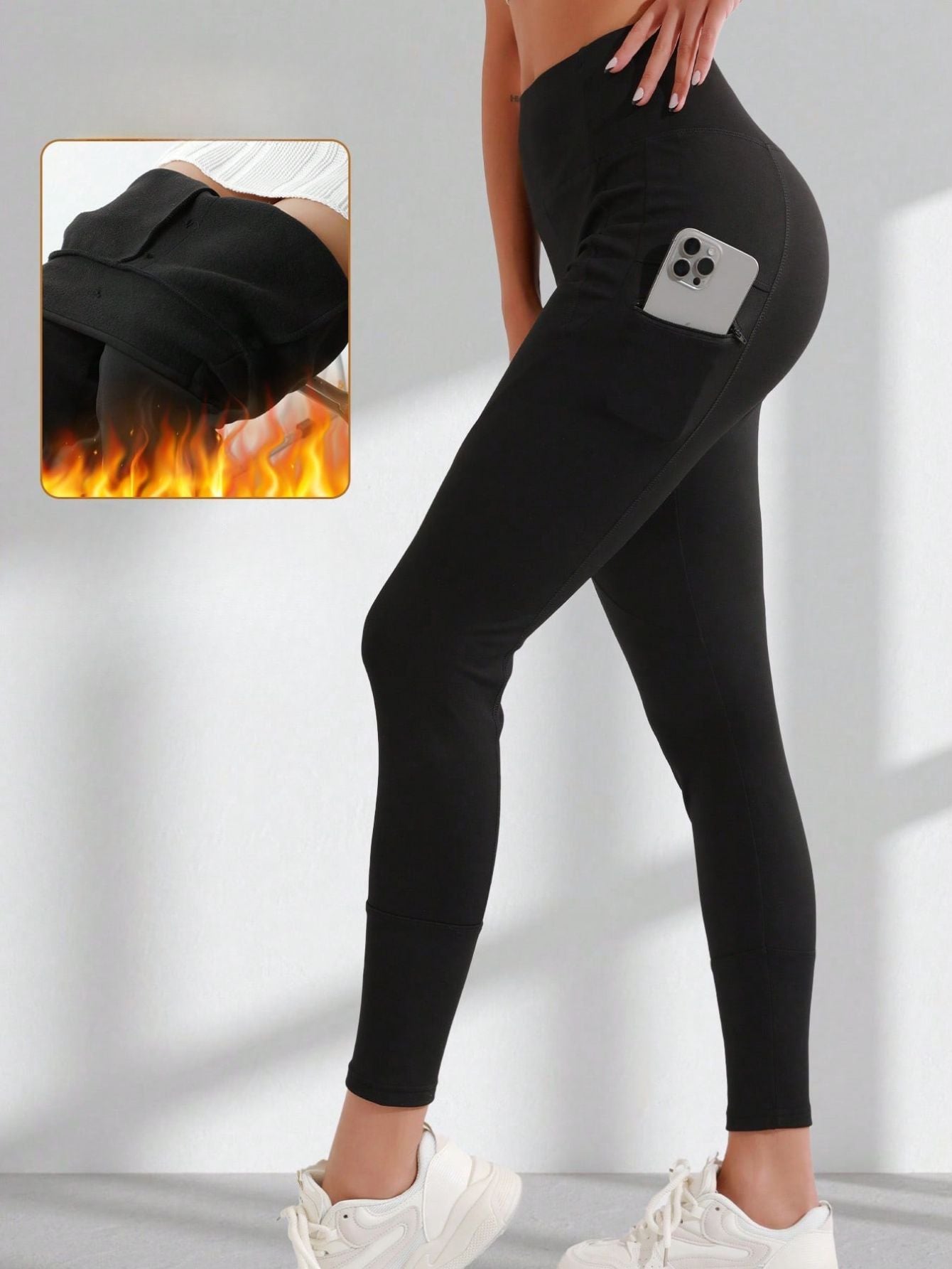 Calça Legging Sem Costura Forrada com Bolsos Laterais Aquecida